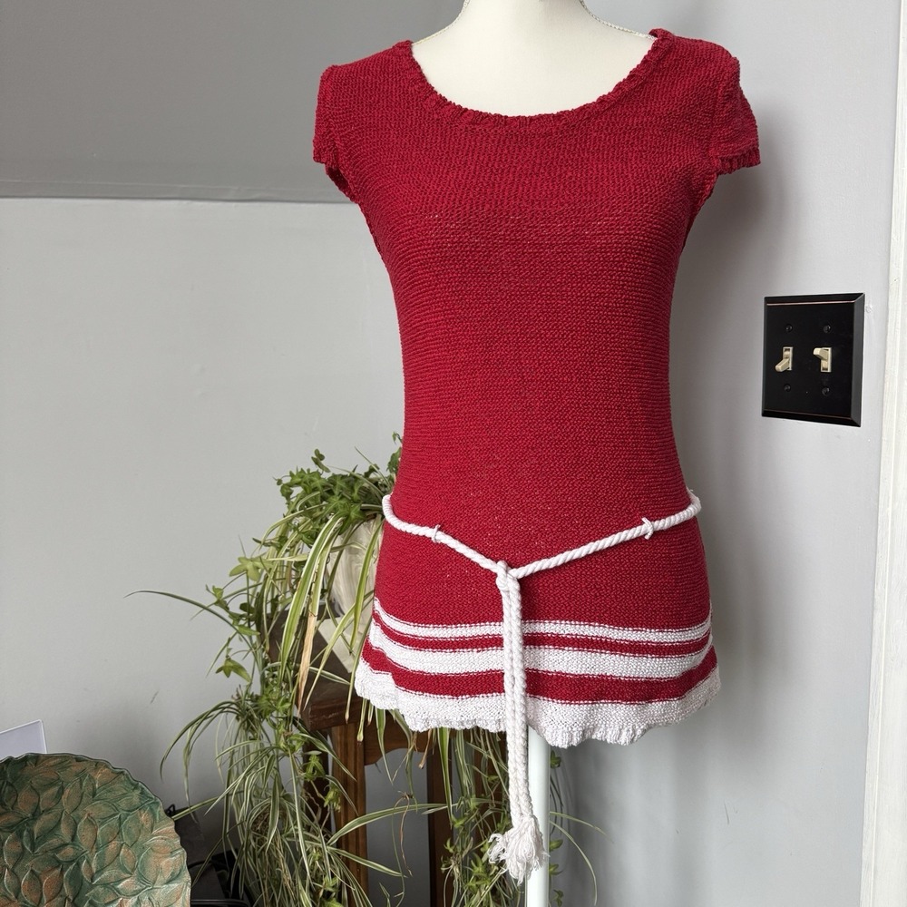 Vintage Red White Preppy Nautical Rope Belted Tunic Sweater‎ East Coast Sz Large